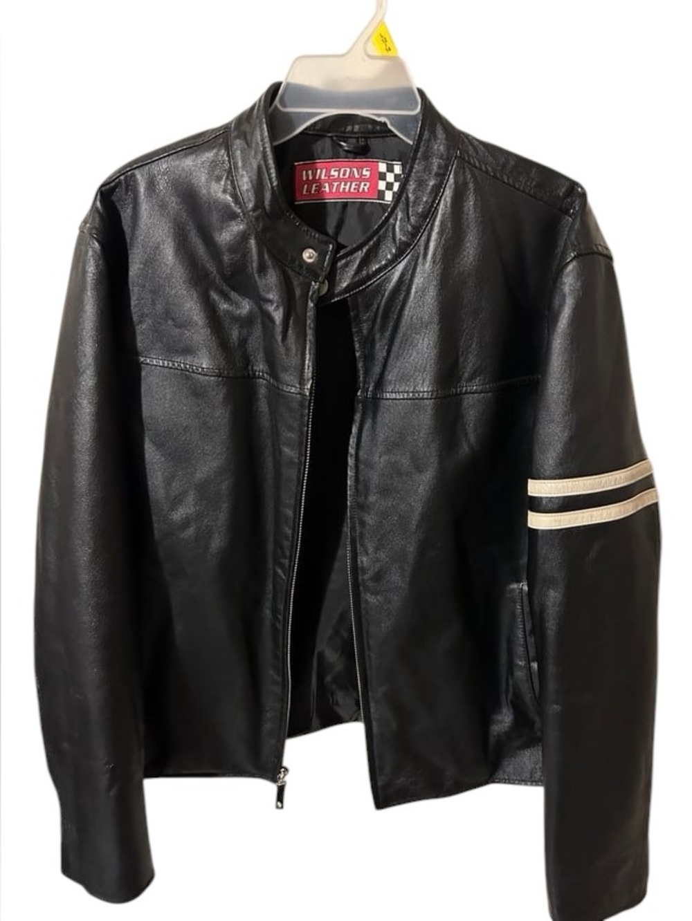 Wilsons Leather Black White Stripe Cafe Racer Moto Jacket Men’s XL